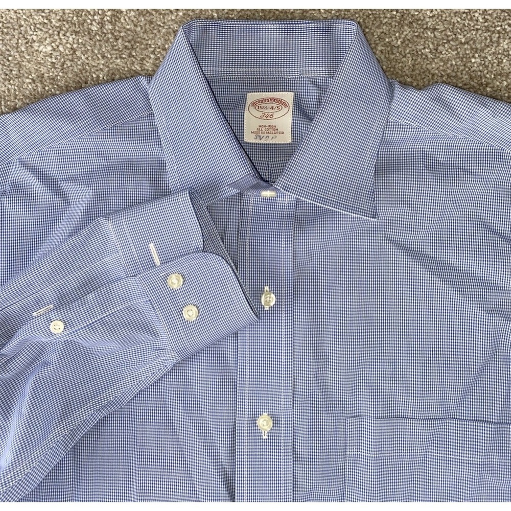 Brooks Brothers Blue Gingham Plaid Shirt 15.5-4/5 Mens L Non Iron All Cotton